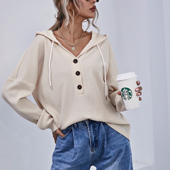 Button up oversized waffle long sleeve hoodie top - Picture 8 of 11